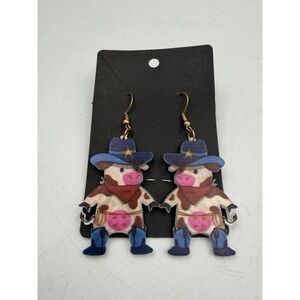Acrylic Western Cowboy Hat Animal Earrings - Playful Cat and Cow Design, NEW
